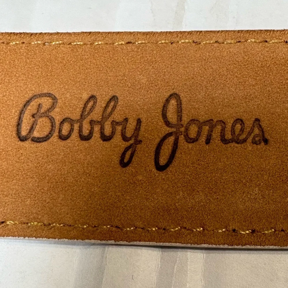 Bobby Jones Men's Black Leather Belt w White Stitching. USA,Italian Brass Buckle